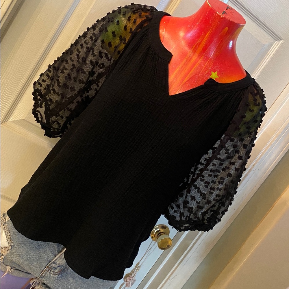 Umgee Black Sheer Sleeve Blouse